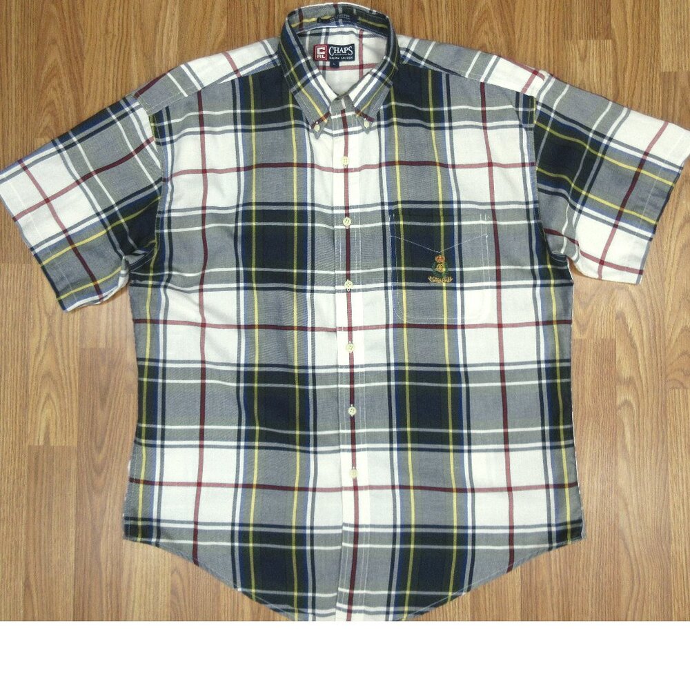 VTG CHAPS RALPH LAUREN S/S BUTTON DOWN SHIRT 100% COTTON MADRAS PLAID LARGE, L